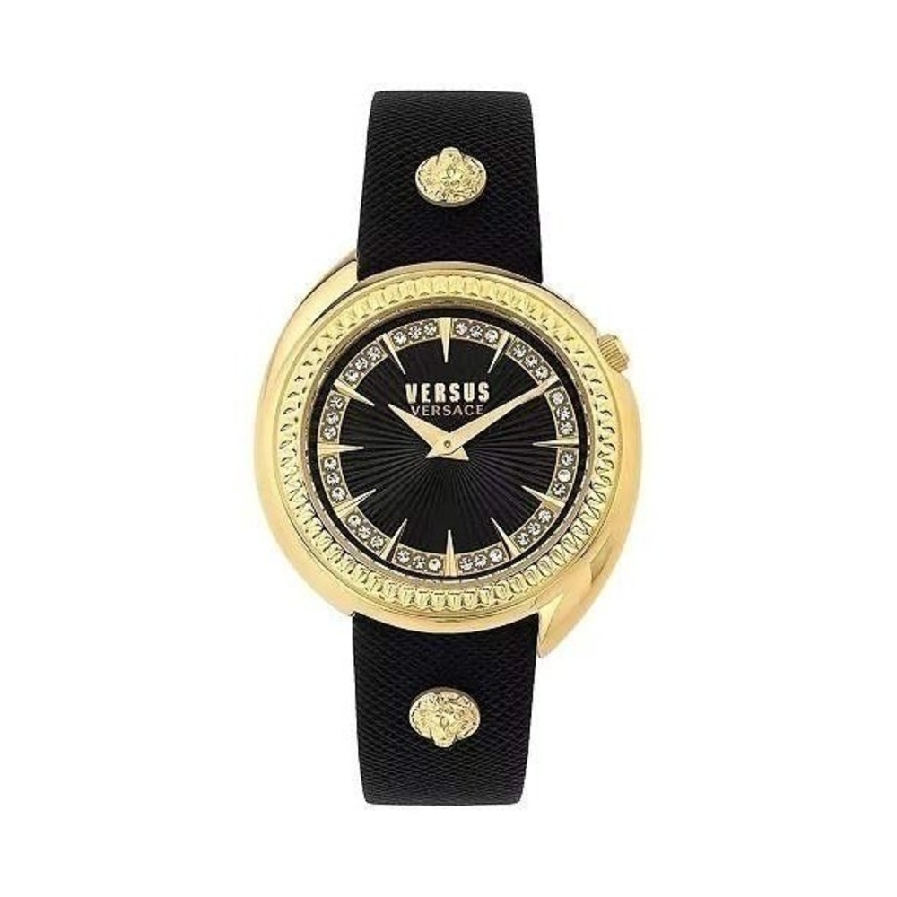Versus Versace Tortona Gold Tone Black Leather Quartz Watch 38mm Women VSPHF2221